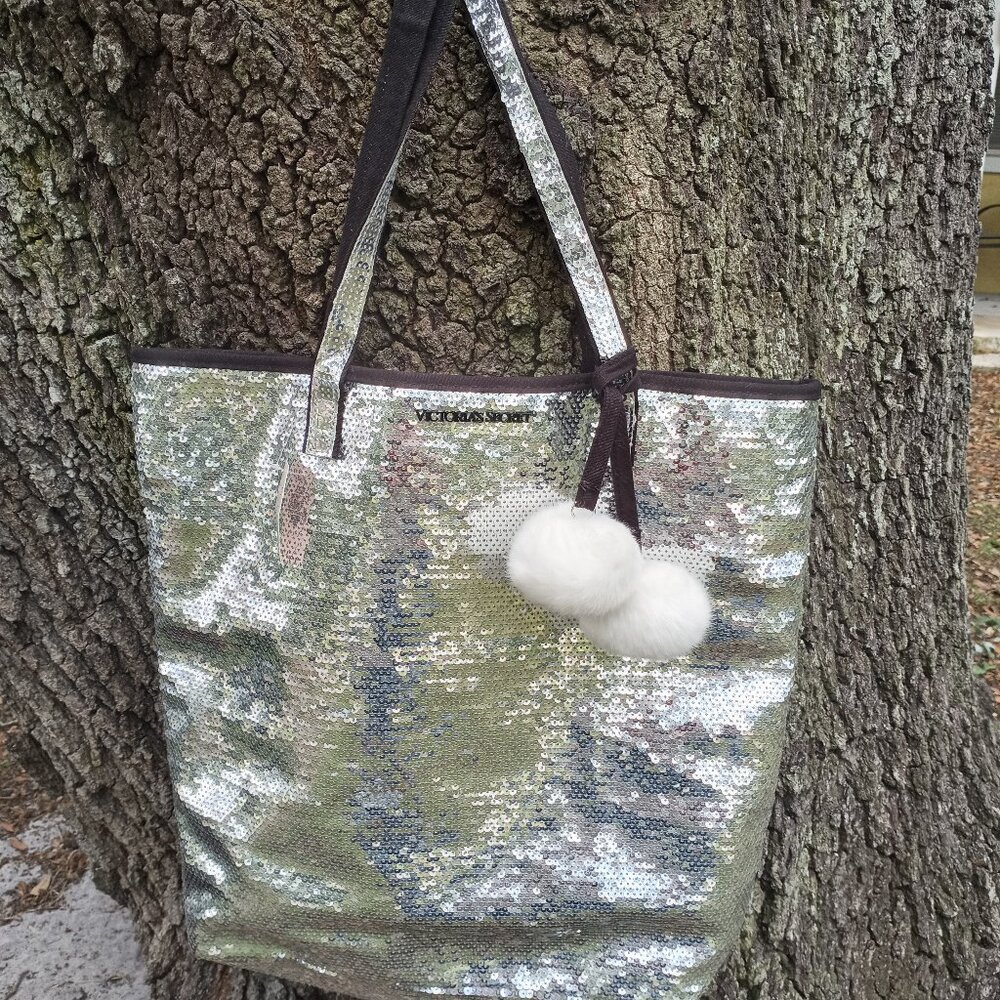 VS silver sequin glam bag removable pompons